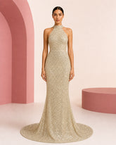 Elaf champagne gold hand-embroidered evening dress - front view