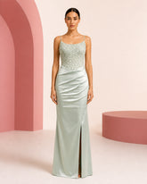 Miral icy mint hand-embroidered evening dress - front view