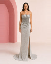 Naya luminous silver hand-embroidered evening dress - front view