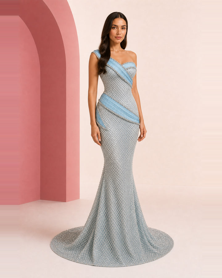 Raneem ice blue silver hand-embroidered evening dress - three-quarter right view