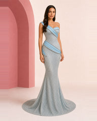 Raneem ice blue silver hand-embroidered evening dress - three-quarter right view