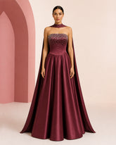 Shahd berry burgundy hand-embroidered evening dress - front view