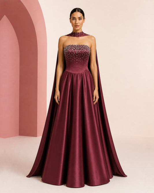 Shahd berry burgundy hand-embroidered evening dress - front view