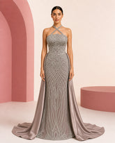 Sondos smoky taupe hand-embroidered evening dress - front view