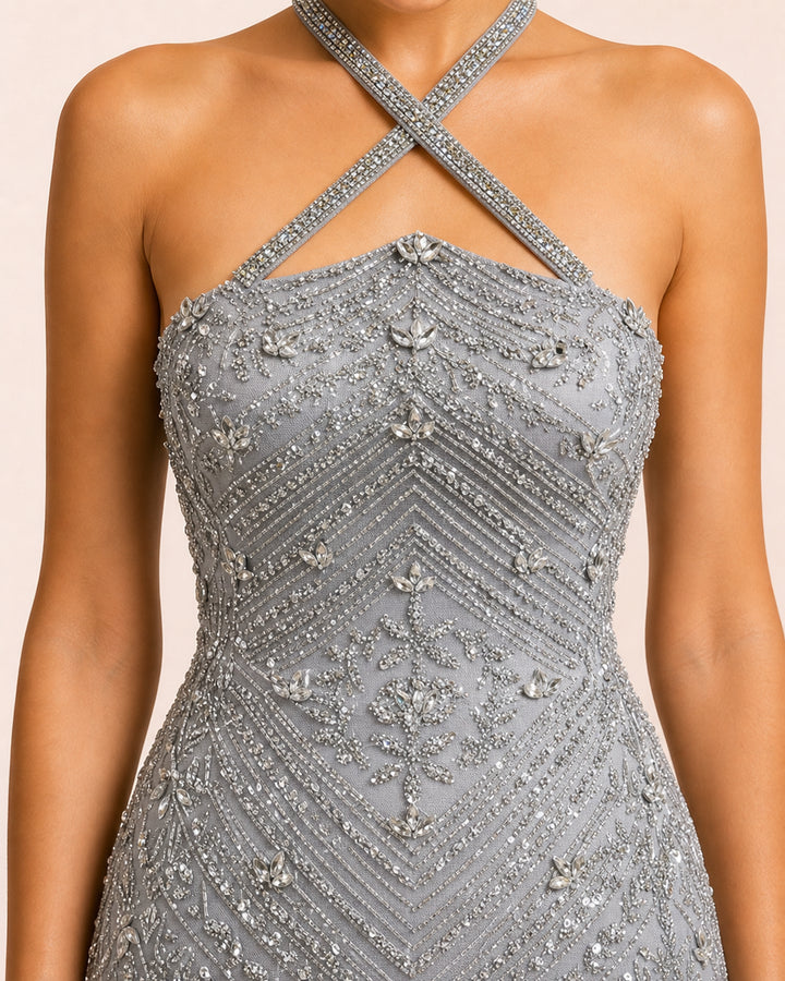 ثريا فضي gown - hand beadwork and fabric detail