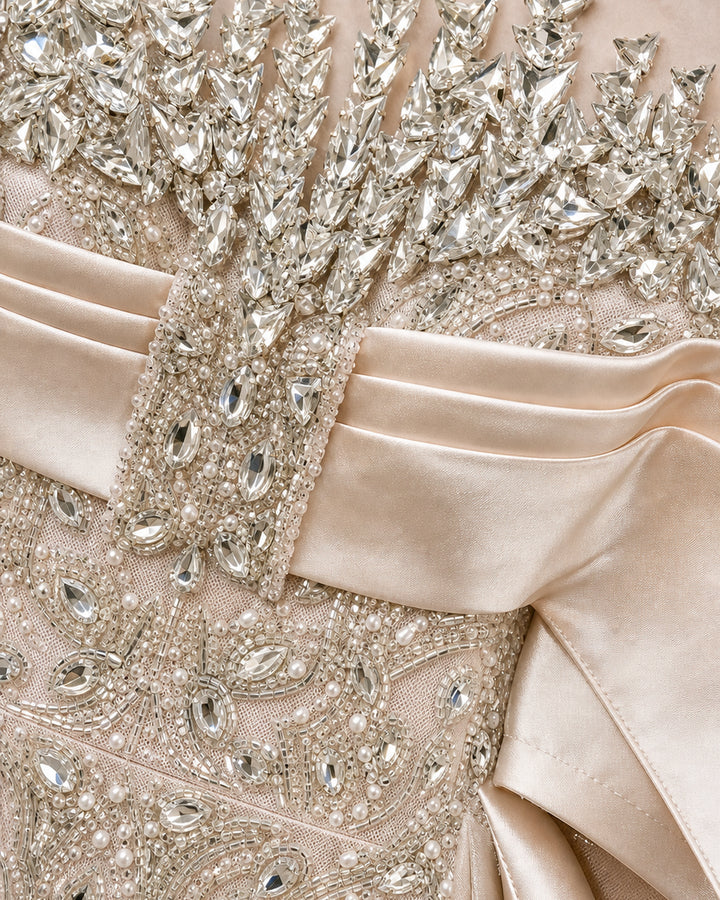 Zaina champagne ivory hand-embroidered evening dress - hand embroidery and fabric detail
