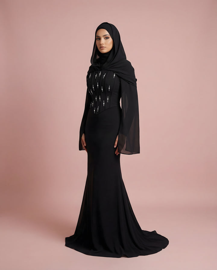 ريم أسود فستان سهرة - زاوية ثلاثة أرباع