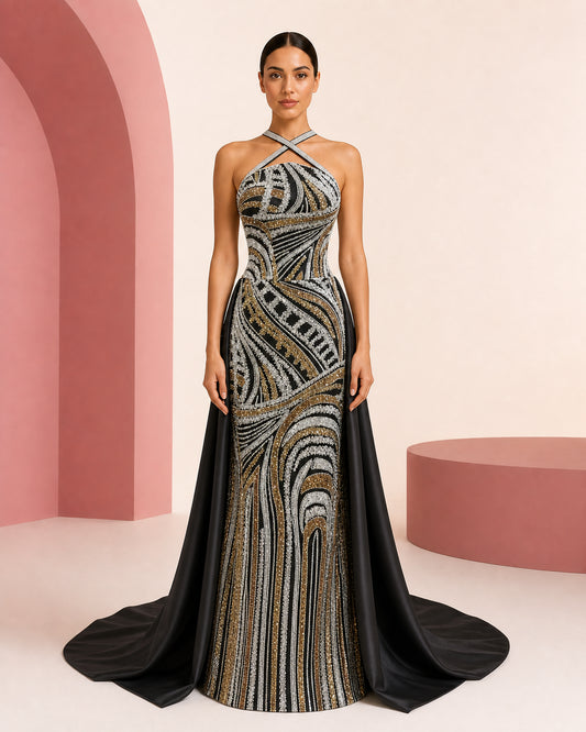 Kayan black silver gold hand-embroidered evening dress - front view