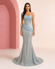 Raneem ice blue silver hand-embroidered evening dress - front view