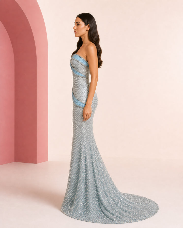 Raneem ice blue silver hand-embroidered evening dress - side profile