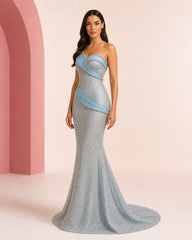 Raneem ice blue silver hand-embroidered evening dress - three-quarter left view