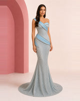 Raneem ice blue silver hand-embroidered evening dress - three-quarter right view