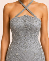 ثريا فضي gown - hand beadwork and fabric detail