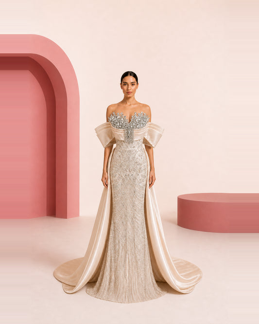 Zaina champagne ivory hand-embroidered evening dress - front view