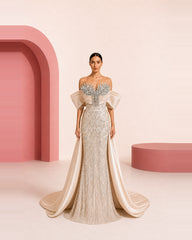 Zaina champagne ivory hand-embroidered evening dress - front view