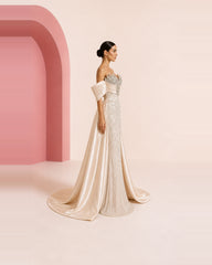 Zaina champagne ivory hand-embroidered evening dress - side profile