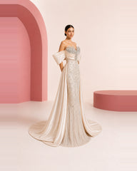 Zaina champagne ivory hand-embroidered evening dress - three-quarter left view