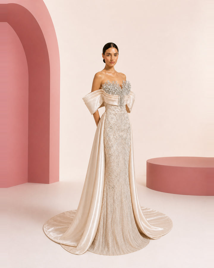 Zaina champagne ivory hand-embroidered evening dress - three-quarter right view